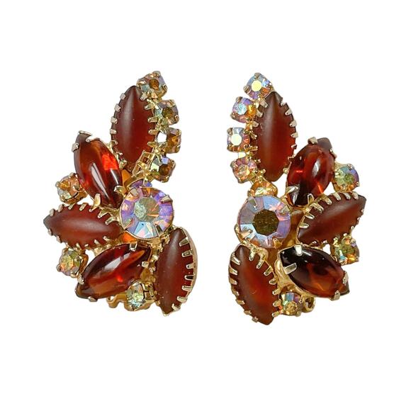 1960s Delizza & Elster Brown Glass AB Rhinestone Stylized Leaf  Demi Parure - Picture 4 of 6